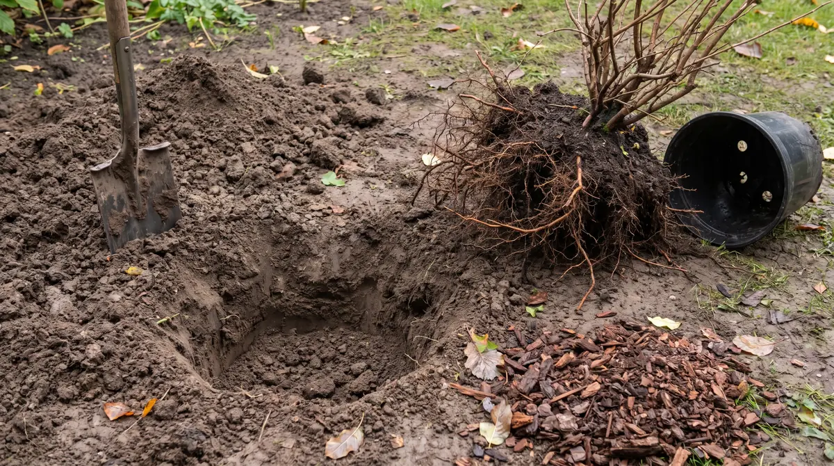 Groapă de plantare săpată și bulgărele de rădăcini al unui arbust
